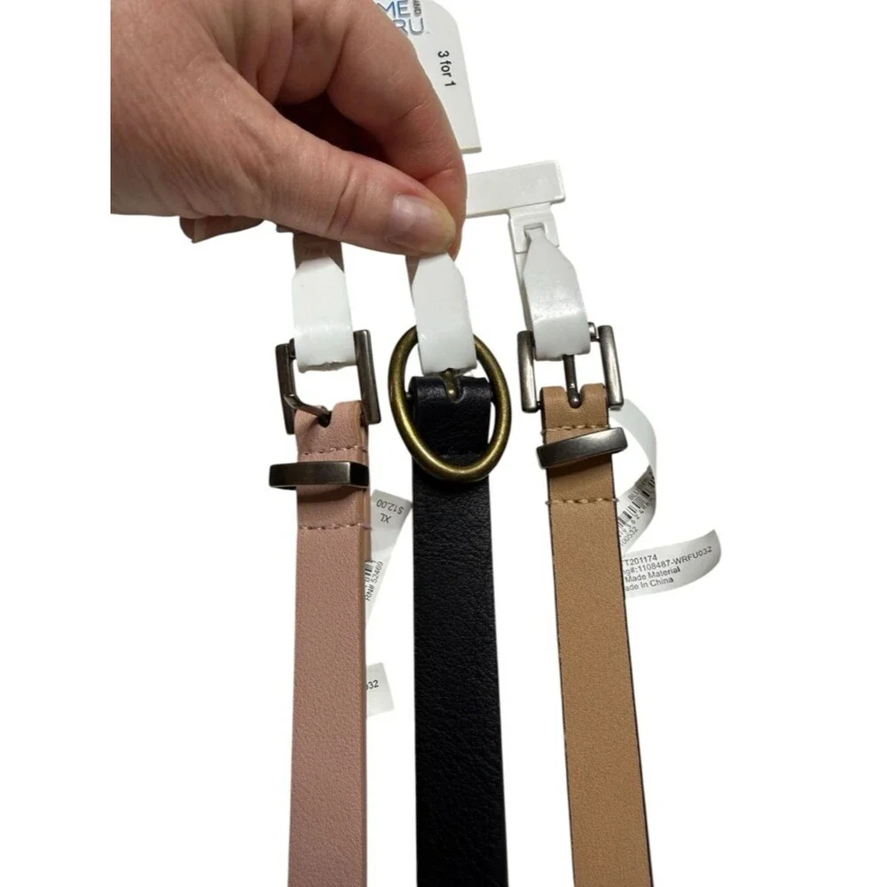 Time & Tru Set of 3 Skinny Belts Faux Leather Blush Pink Black Light Tan Sz XL